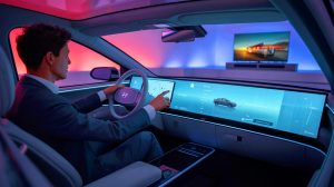 Illustration de l'intérieur futuriste du SUV électrique Hyundai Elexio avec un écran double de 27 pouces et un design minimaliste.