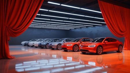 Illustration de la dynamique du marché des voitures électriques en 2025 dans un showroom animé.