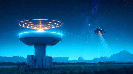 Illustration d'un radar d'aéroport moderne scannant le ciel étoilé.