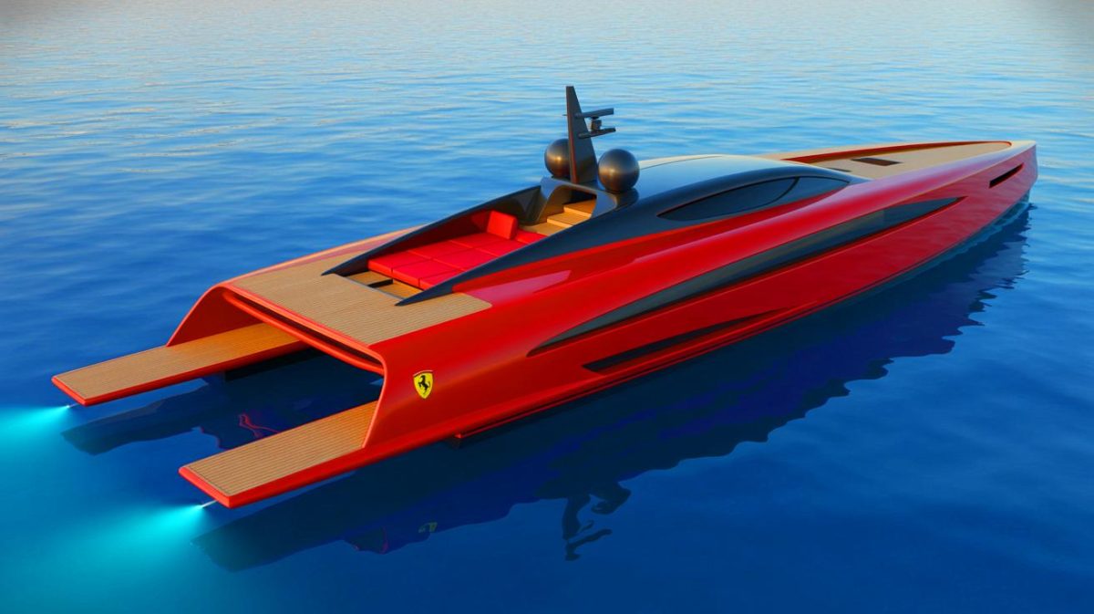 « On a supprimé le moteur » : Ferrari dévoile un yacht de course futuriste de 30 mètres qui défie toutes les règles en mer Illustration de l'Hypersail, le yacht futuriste et technologique de Ferrari naviguant sur les océans.