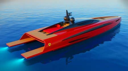 Illustration de l'Hypersail, le yacht futuriste et technologique de Ferrari naviguant sur les océans.