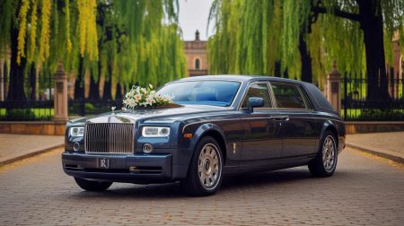 Illustration de la transformation d'une Rolls-Royce Phantom en limousine funéraire de luxe, générée par intelligence artificielle.