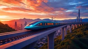 Illustration de l'innovation technologique de TransPod dans le transport à très grande vitesse, générée par intelligence artificielle.