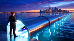 Illustration d'un tunnel sous-marin futuriste reliant Londres à New York avec des trains hyperloop.
