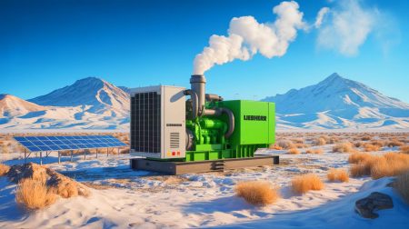 Illustration de l'innovation de Liebherr avec un moteur à ammoniac vert, générée par intelligence artificielle.
