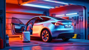 Illustration d'un Tesla Model Y modifié avec un générateur à essence sur une route de montagne au Tibet.
