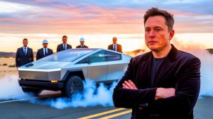 Illustration de la suspension temporaire de la production du Cybertruck chez Tesla, générée par intelligence artificielle.