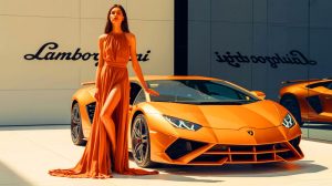Illustration de la Lamborghini Miura en couleur « Verde Scandal » devant l'usine de Sant'Agata Bolognese.