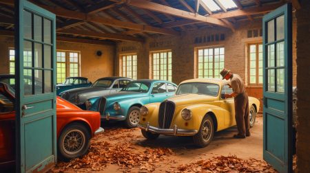 Illustration de la découverte de voitures classiques dans une grange abandonnée.