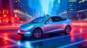 Illustration de l'incident impliquant une Tesla Robotaxi sur une route pluvieuse à Austin, Texas.