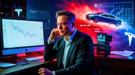 Illustration de Tesla en difficulté sur le marché des véhicules électriques, créée par intelligence artificielle.
