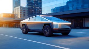Illustration de la version miniature du Tesla Cybertruck volant, une création générée par intelligence artificielle.