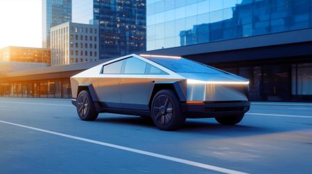 Illustration de la version miniature du Tesla Cybertruck volant, une création générée par intelligence artificielle.