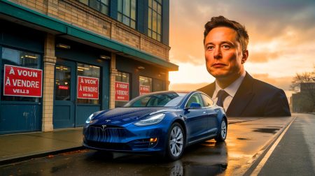 Illustration de la chute des ventes de Tesla en Europe sur un marché des véhicules électriques en expansion, générée par intelligence artificielle.