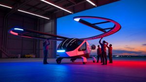Illustration de taxis aériens électriques de Toyota survolant une ville futuriste.