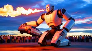 Illustration de Supercar Blondie à l'intérieur d'un robot géant cracheur de feu.