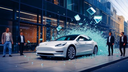 Illustration d'un employé en colère percutant la vitrine de son entreprise avec sa voiture, générée par intelligence artificielle.