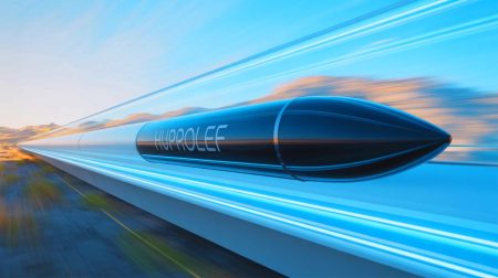 Illustration de la capsule Hyperloop européenne franchissant une distance impressionnante, créée par intelligence artificielle.