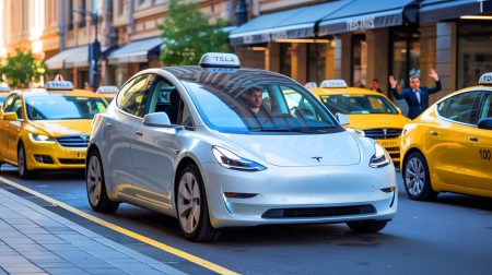 Illustration de robotaxis Tesla circulant en milieu urbain