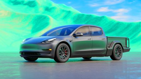 Illustration de la transformation d'une Tesla Model 3 en pick-up par Simone Giertz, générée par intelligence artificielle.