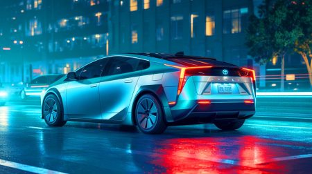 Illustration de la transformation d'une Toyota Prius en parodie du Tesla Cybertruck avec des éléments de Robocop