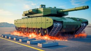 Illustration de la batterie de véhicule électrique Geely résistant à l'écrasement par un tank de 36 tonnes.