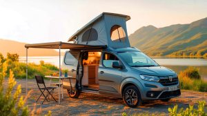 Illustration du concept de camping-car Dacia tout-terrain et économique. Image réalisée par IA.