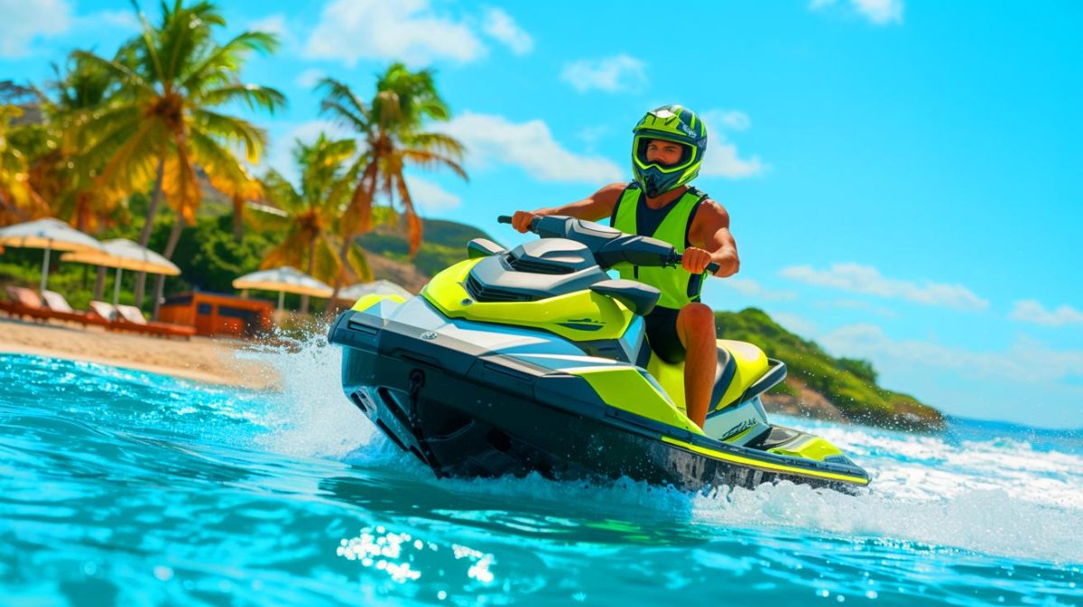 Illustration de la transformation d'un Quadski, un véhicule amphibie, en jet-ski, générée par intelligence artificielle.