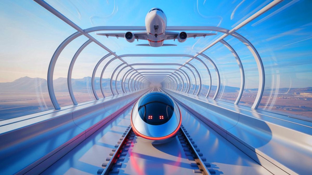 Illustration de l'Hyperloop chinois utilisant la sustentation magnétique pour des voyages à grande vitesse.