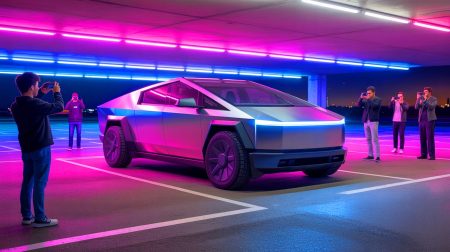 Illustration de la transformation du Tesla Cybertruck avec un kit carrosserie élargi à Los Angeles.