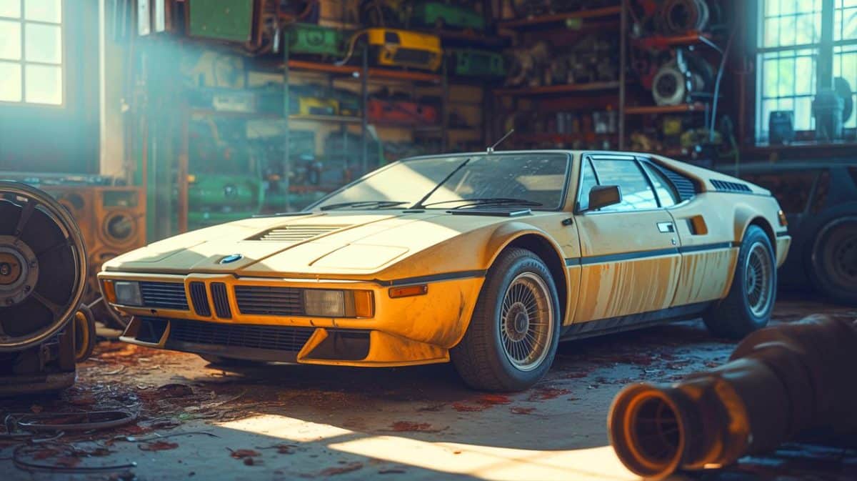 Illustration de la BMW M1 retrouvée en Italie après 34 ans d'abandon.