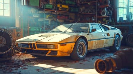 Illustration de la BMW M1 retrouvée en Italie après 34 ans d'abandon.