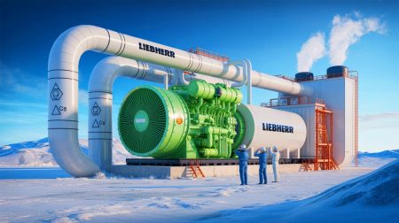Illustration de la présentation du moteur à ammoniac vert de Liebherr pour des applications industrielles.