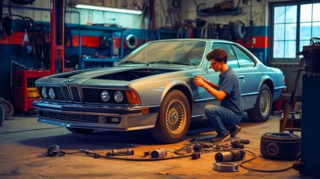 Illustration de la restauration d'une BMW 635 CSi des années 1980 par un jeune passionné.