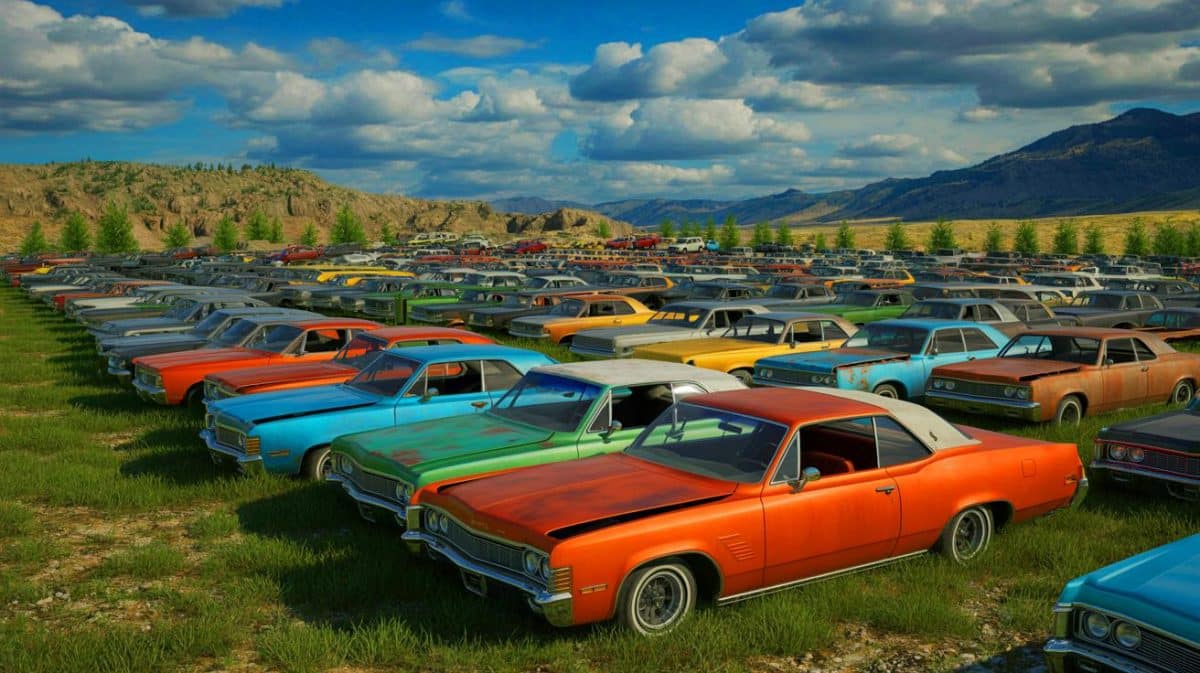 Illustration de la découverte d'une immense casse automobile en Idaho, abritant des voitures anciennes.