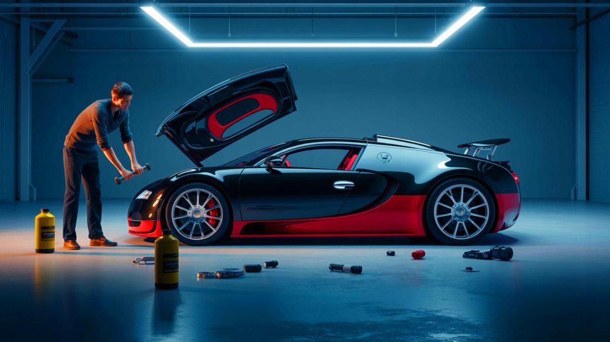 Illustration de la recherche de solutions économiques pour l'entretien d'une Bugatti Veyron.