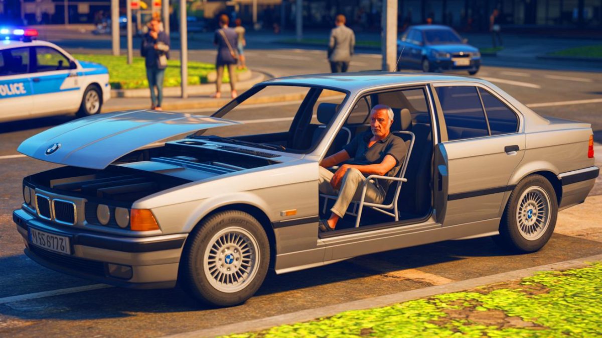 Illustration de l'interpellation d'un automobiliste australien conduisant une BMW Série 3 E36 assis sur une chaise de jardin.