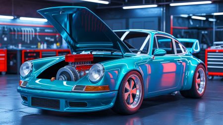 Illustration de la transformation audacieuse d'une Porsche 911 avec un moteur V8 Hemi par Danton Arts Kustom.
