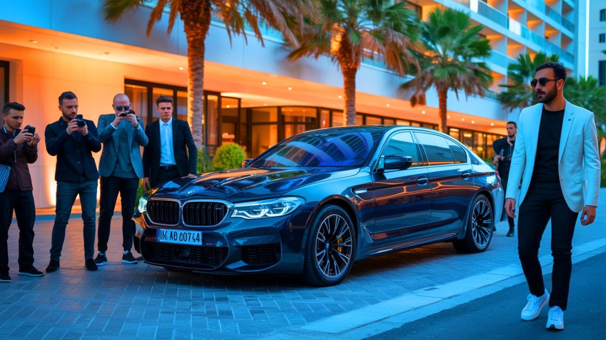Illustration de la BMW M5 récemment acquise par Karim Benzema, symbolisant luxe et performance.