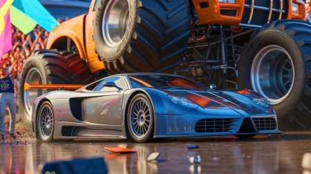 Illustration de la destruction d'une SSC Ultimate Aero TT sous des monster trucks pour protester contre un service client défaillant.