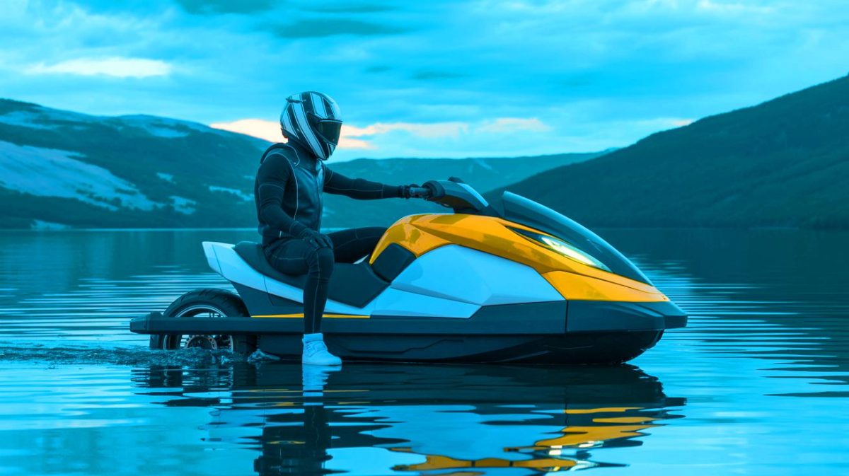 Illustration de la transformation du Biski, un véhicule hybride alliant moto et jet-ski.