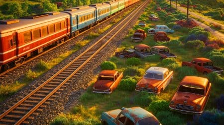 Illustration de véhicules anciens abandonnés le long des voies ferrées lors d'un voyage en train.