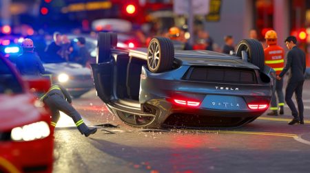 Illustration de l'accident spectaculaire d'une Tesla en mode autonome suscitant des débats sur la sécurité.