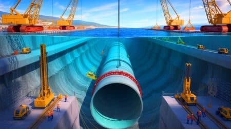 Illustration de la construction du tunnel ferroviaire sous le détroit de Gibraltar.
