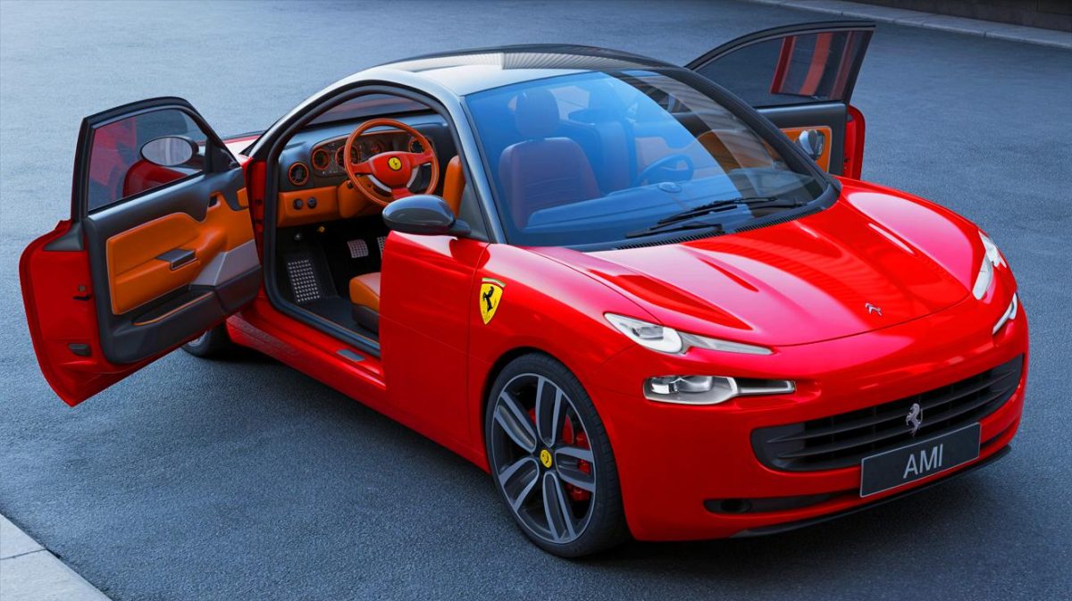 Illustration de la transformation d'une Citroën Ami en réplique de Ferrari.
