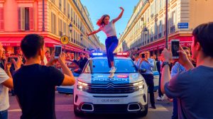Illustration de la scène où une femme danse sur le capot d'une voiture de police municipale à Marseille.