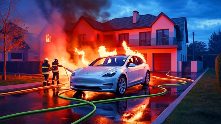 Une Tesla en flammes après « un branchement sauvage qui met des vies en danger » selon les pompiers appelés pour sauver une maison