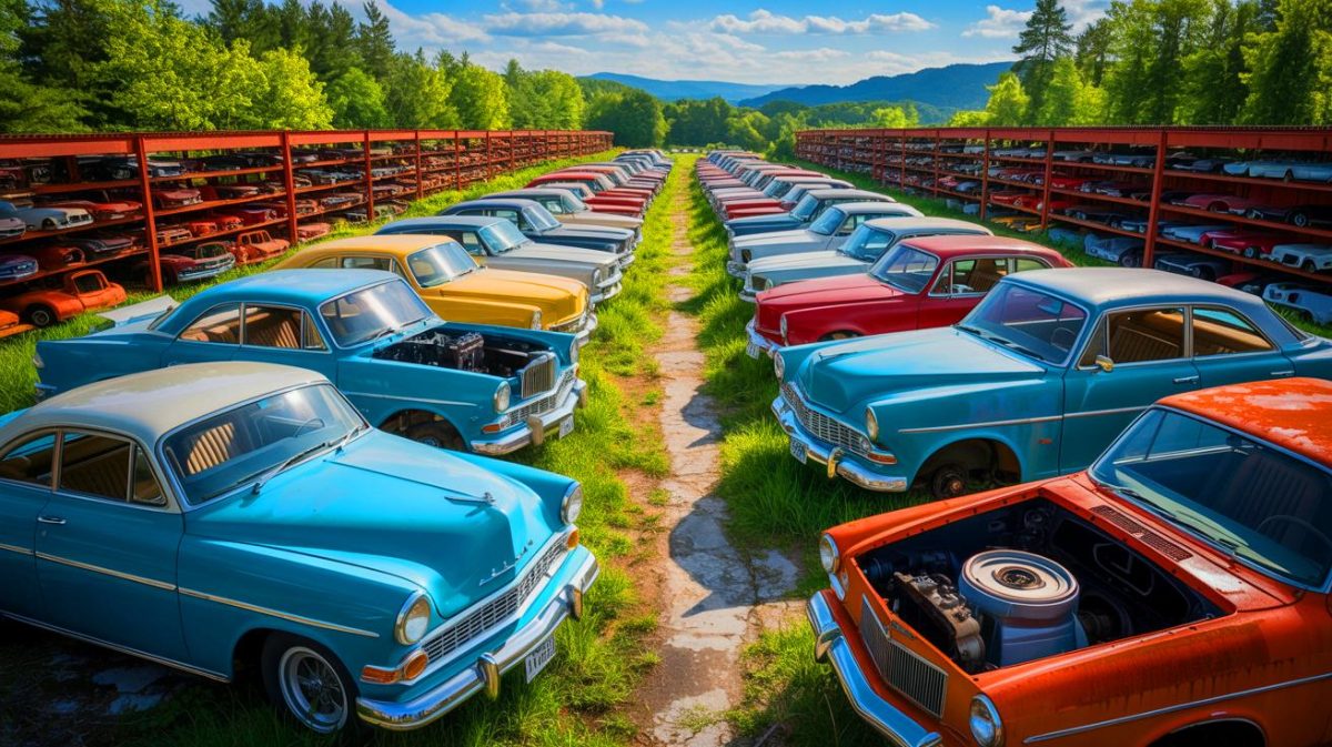 Illustration de la casse automobile de Richard en Caroline du Nord avec ses voitures anciennes et pièces rares.