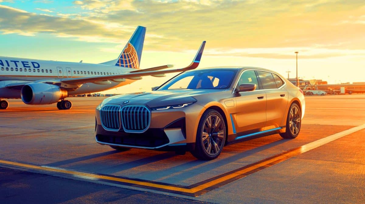 Illustration de la collaboration entre United Airlines et BMW pour un service de transfert privé en voiture électrique sur le tarmac.